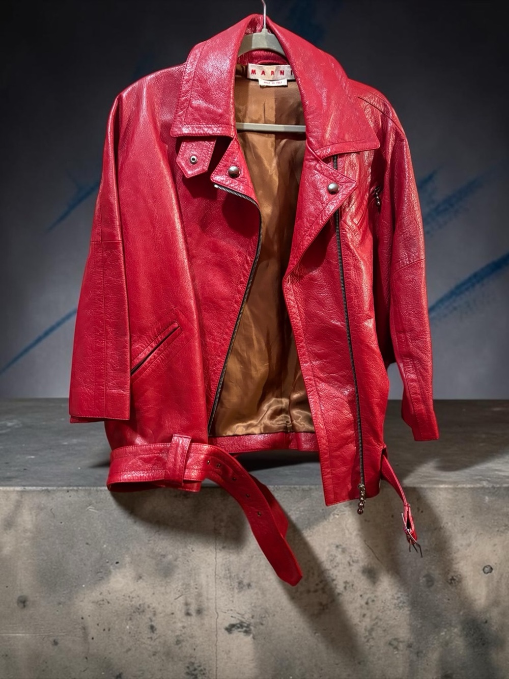 Vintage 2000’s Marni Red Leather moto biker jacket belted made in Italy